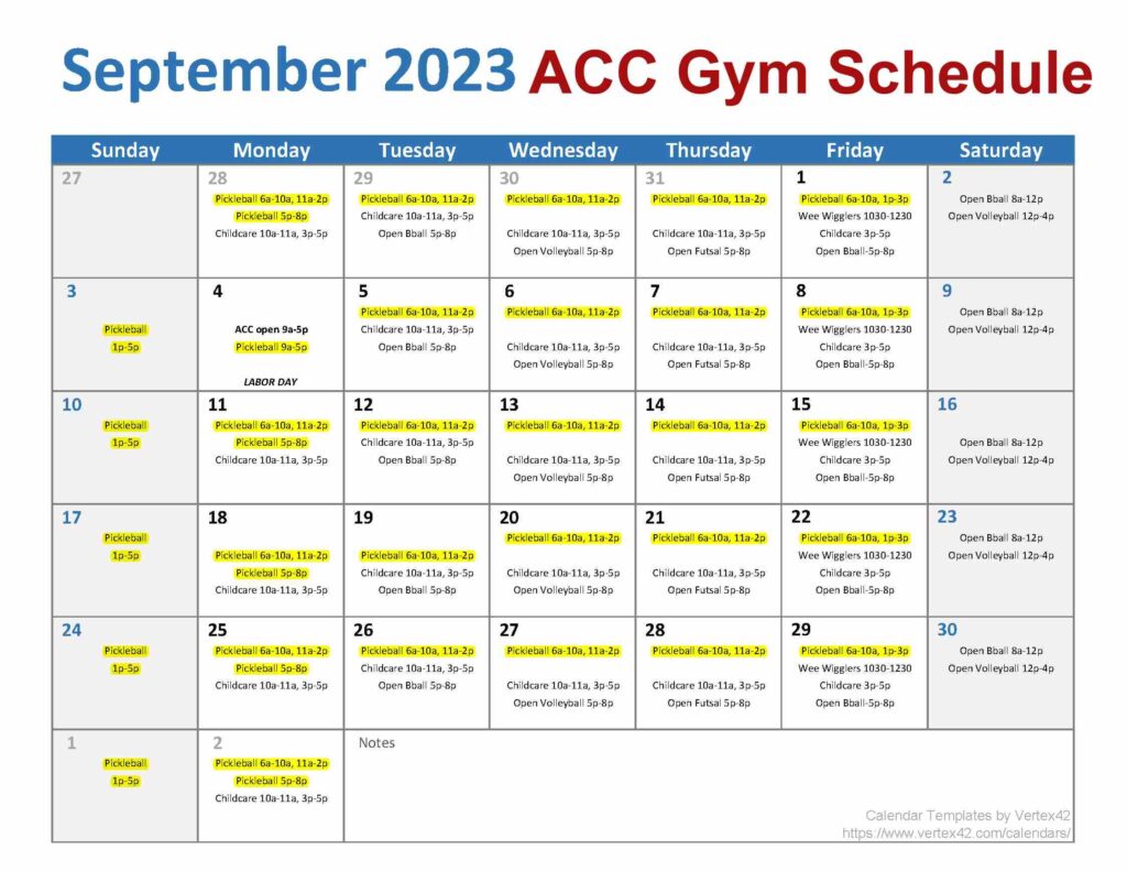 ACC Gym Schedule September 2023 Athens Pickleball Connection