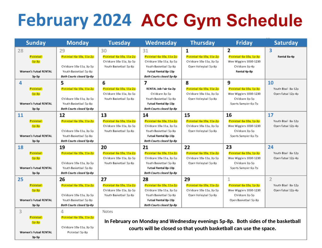 ACC Gym Schedule February 2024 Athens Pickleball Connection