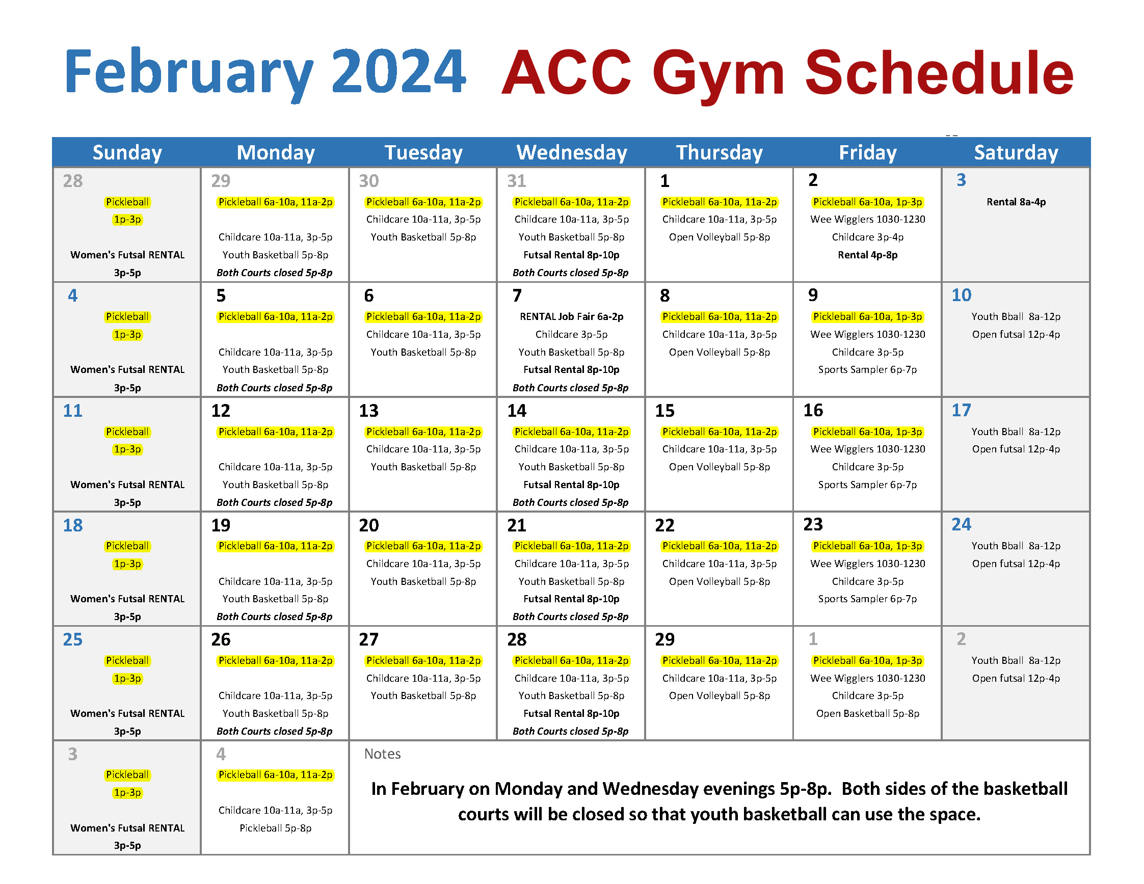 ACC Gym Schedule February 2024 Athens Pickleball Connection