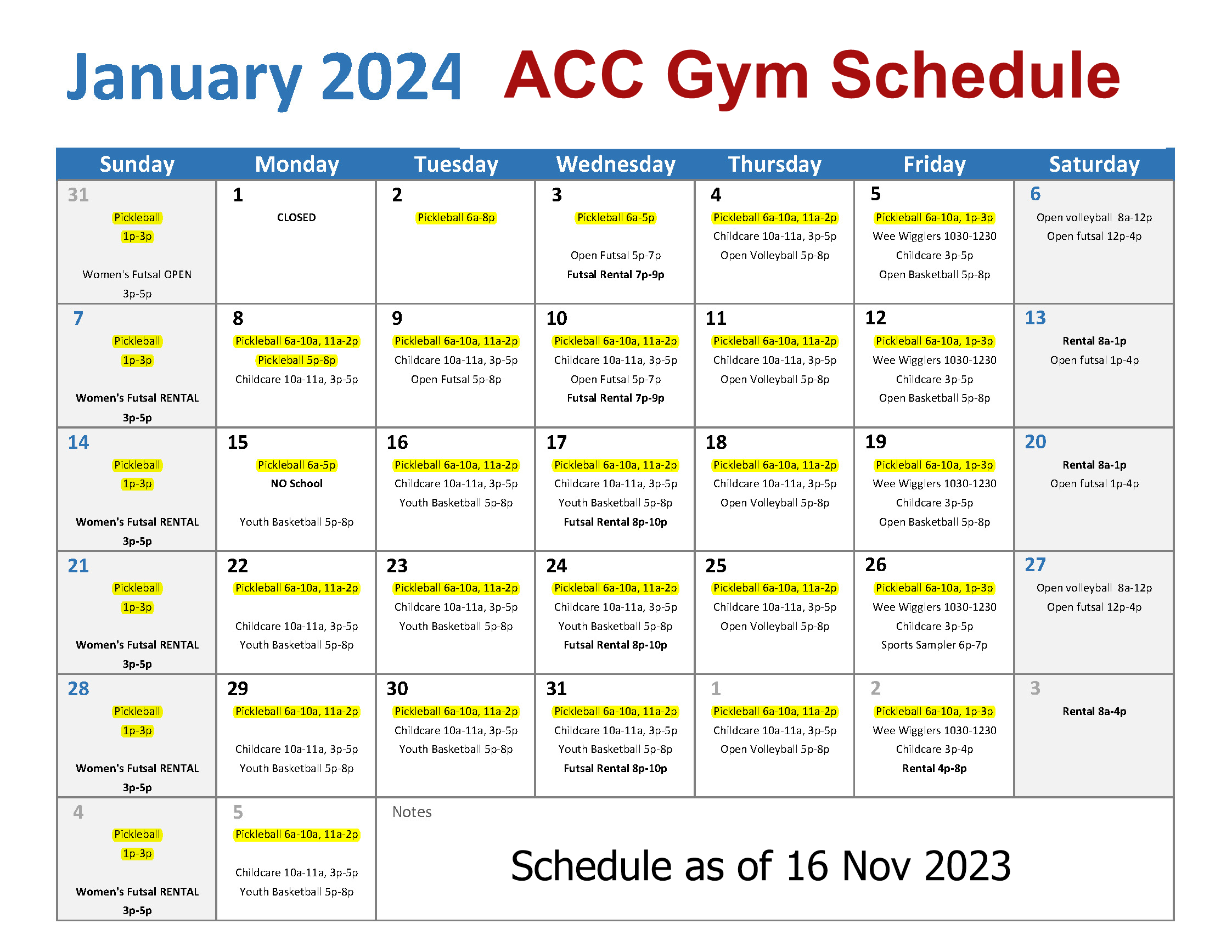 ACC Gym Schedule January 2024 Athens Pickleball Connection